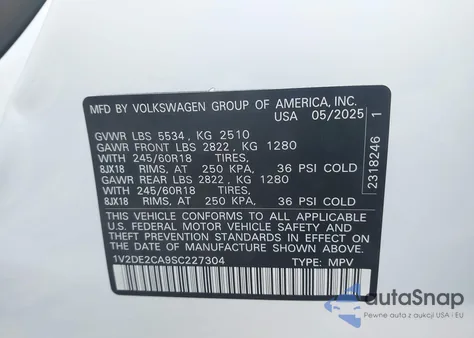 2025 Volkswagen Atlas Cross Sport 2.0T Se из США, поврежденный, VIN 1V2DE2CA9SC227304